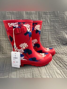 NWT Joules Women's Molly Welly Rain Boot, 204273, Red Lily Floral, US 8